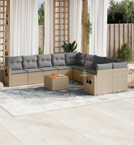 11-tlg. Garten-Sofagarnitur mit Kissen Beige Poly Rattan