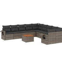 11-tlg. Garten-Sofagarnitur mit Kissen Grau Poly Rattan