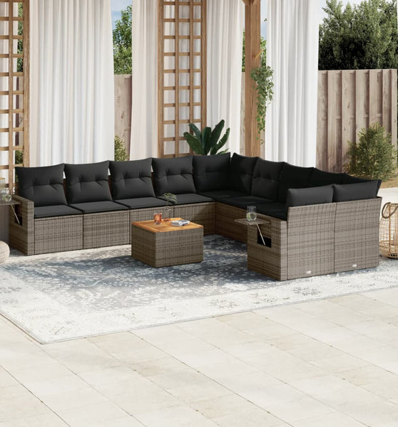 11-tlg. Garten-Sofagarnitur mit Kissen Grau Poly Rattan