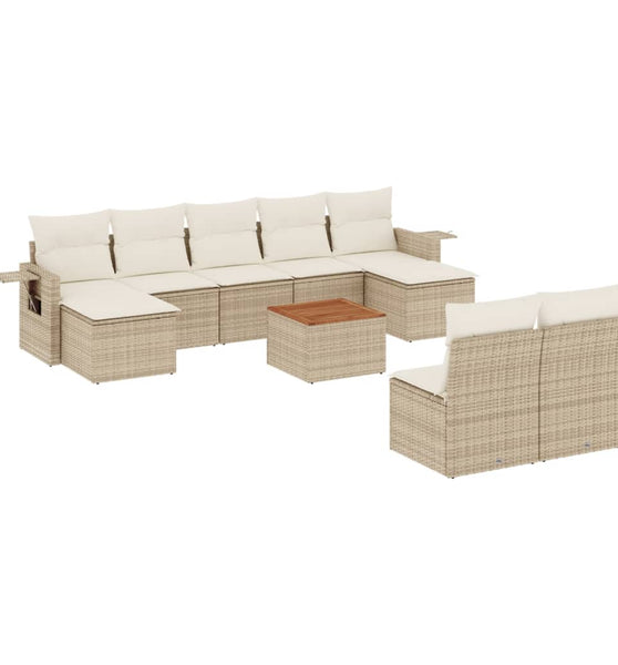 10-tlg. Garten-Sofagarnitur mit Kissen Beige Poly Rattan