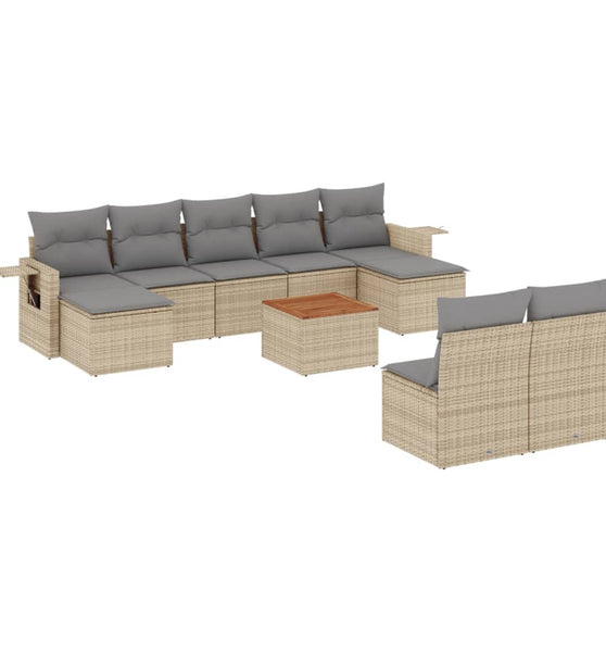 10-tlg. Garten-Sofagarnitur mit Kissen Beige Poly Rattan