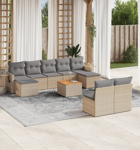 10-tlg. Garten-Sofagarnitur mit Kissen Beige Poly Rattan