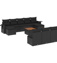 11-tlg. Garten-Sofagarnitur mit Kissen Schwarz Poly Rattan