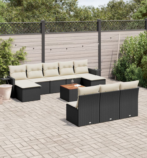 11-tlg. Garten-Sofagarnitur mit Kissen Schwarz Poly Rattan