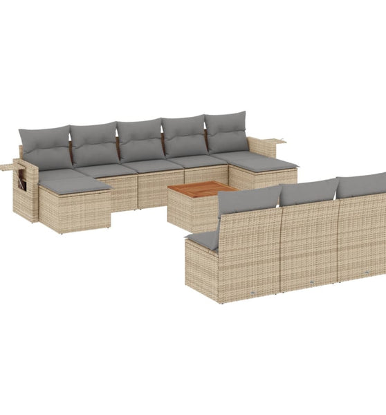 11-tlg. Garten-Sofagarnitur mit Kissen Beige Poly Rattan