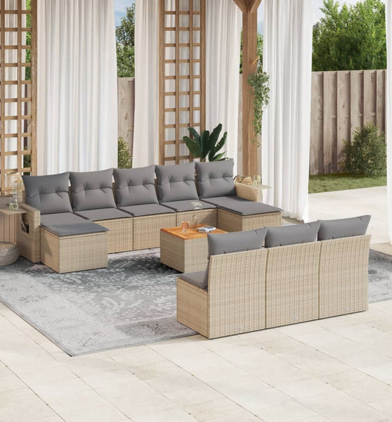 11-tlg. Garten-Sofagarnitur mit Kissen Beige Poly Rattan