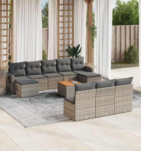 11-tlg. Garten-Sofagarnitur mit Kissen Grau Poly Rattan