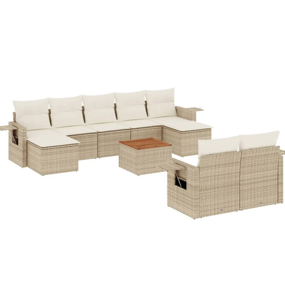 10-tlg. Garten-Sofagarnitur mit Kissen Beige Poly Rattan