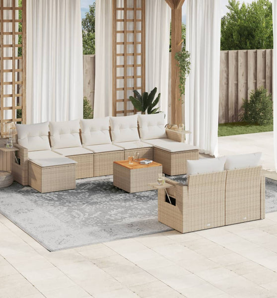 10-tlg. Garten-Sofagarnitur mit Kissen Beige Poly Rattan