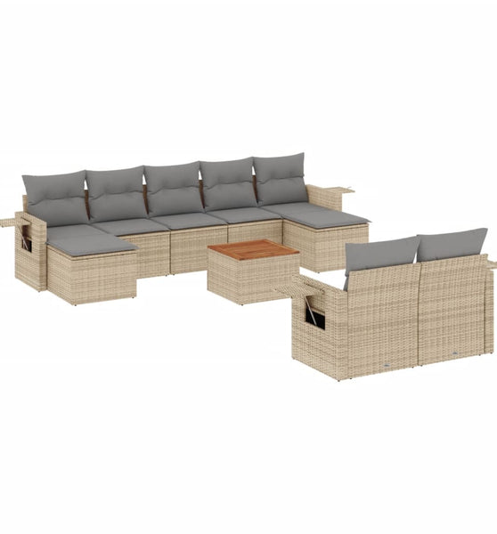 10-tlg. Garten-Sofagarnitur mit Kissen Beige Poly Rattan