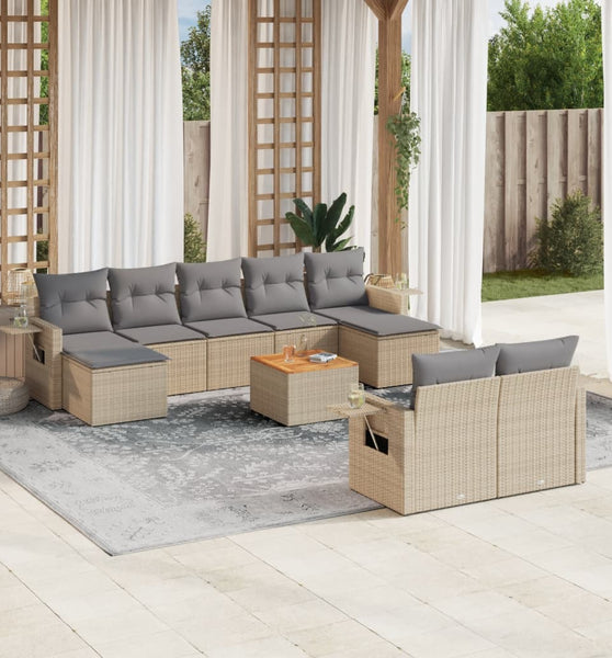 10-tlg. Garten-Sofagarnitur mit Kissen Beige Poly Rattan