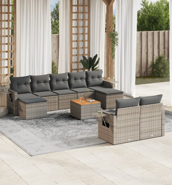 10-tlg. Garten-Sofagarnitur mit Kissen Grau Poly Rattan