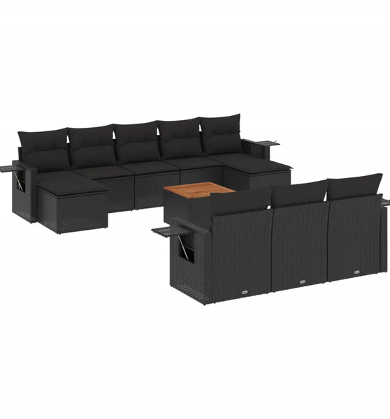 11-tlg. Garten-Sofagarnitur mit Kissen Schwarz Poly Rattan