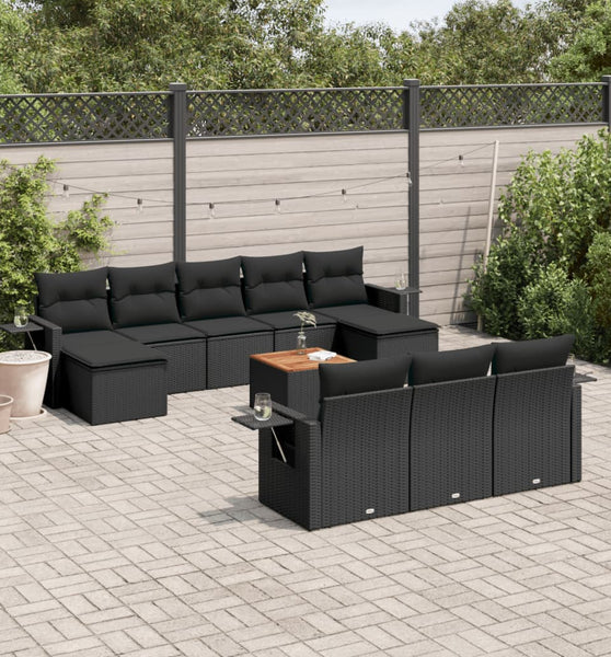 11-tlg. Garten-Sofagarnitur mit Kissen Schwarz Poly Rattan