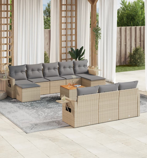 11-tlg. Garten-Sofagarnitur mit Kissen Beige Poly Rattan