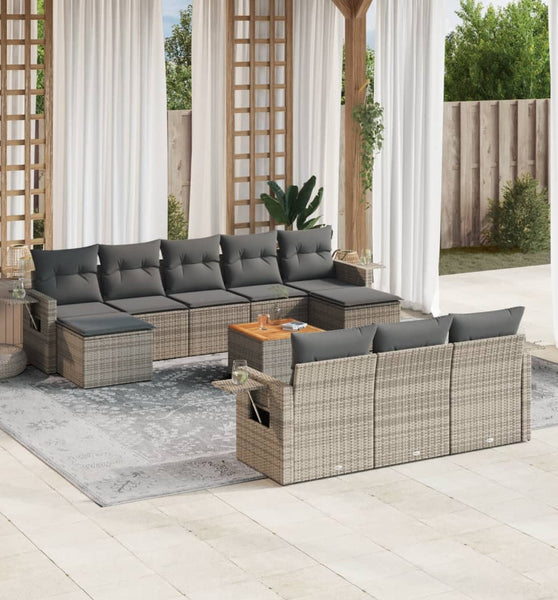 11-tlg. Garten-Sofagarnitur mit Kissen Grau Poly Rattan