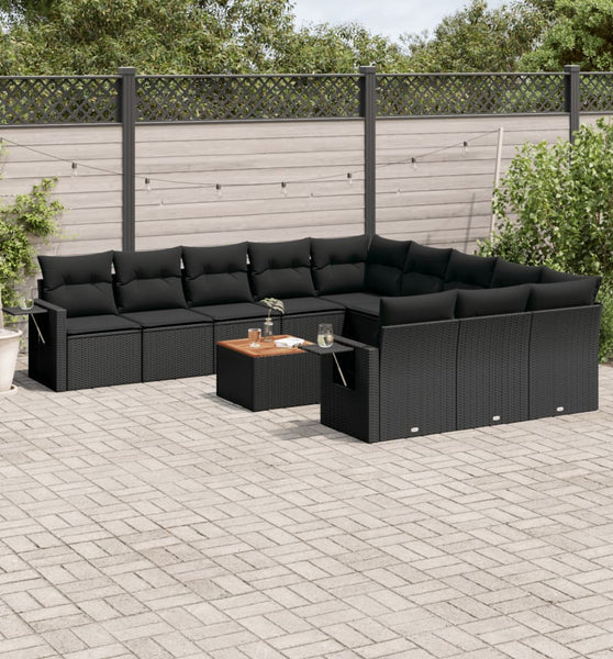 12-tlg. Garten-Sofagarnitur mit Kissen Schwarz Poly Rattan