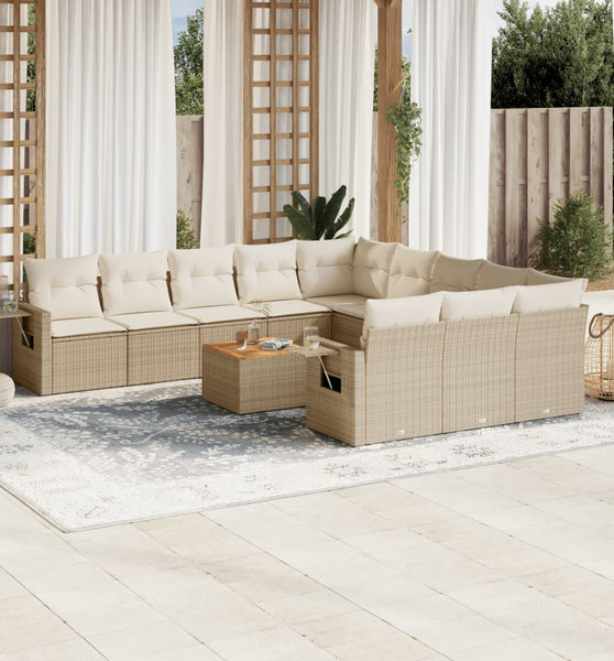 12-tlg. Garten-Sofagarnitur mit Kissen Beige Poly Rattan