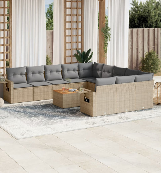 12-tlg. Garten-Sofagarnitur mit Kissen Beige Poly Rattan