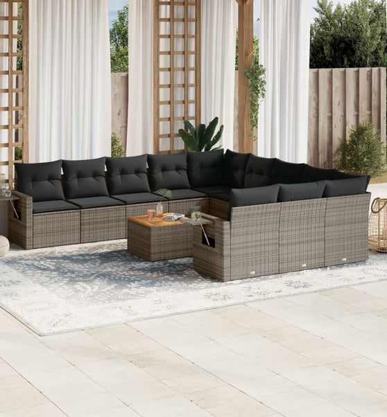 12-tlg. Garten-Sofagarnitur mit Kissen Grau Poly Rattan