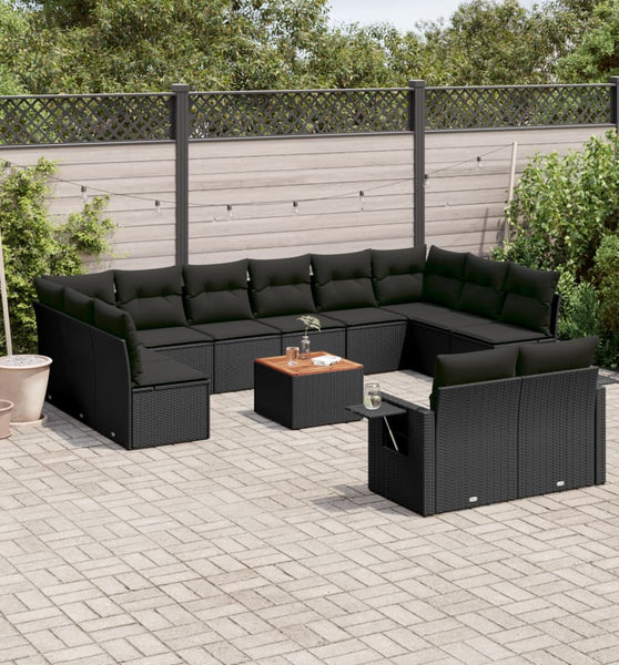 13-tlg. Garten-Sofagarnitur mit Kissen Schwarz Poly Rattan