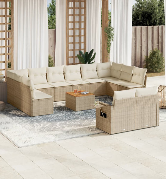 13-tlg. Garten-Sofagarnitur mit Kissen Beige Poly Rattan