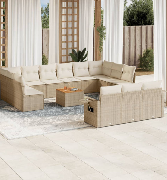 14-tlg. Garten-Sofagarnitur mit Kissen Beige Poly Rattan