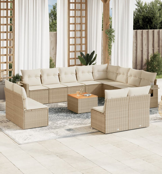 13-tlg. Garten-Sofagarnitur mit Kissen Beige Poly Rattan