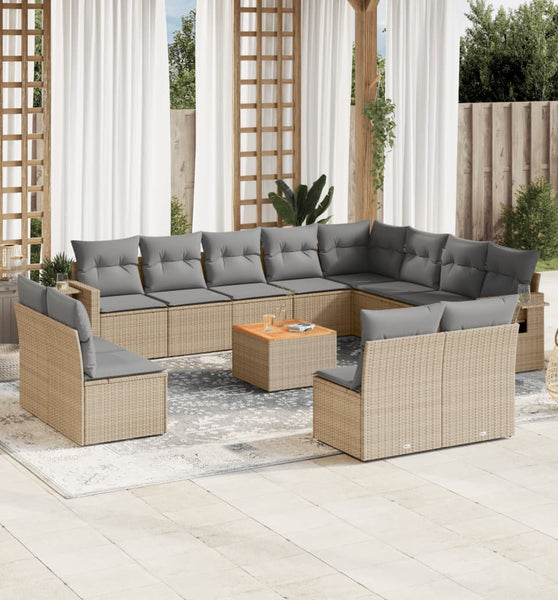 13-tlg. Garten-Sofagarnitur mit Kissen Beige Poly Rattan