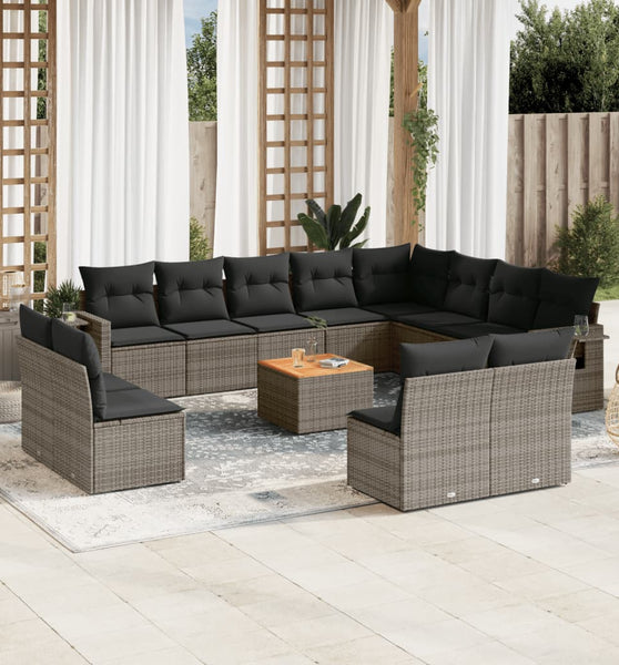 13-tlg. Garten-Sofagarnitur mit Kissen Grau Poly Rattan