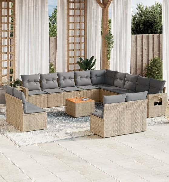 14-tlg. Garten-Sofagarnitur mit Kissen Beige Poly Rattan