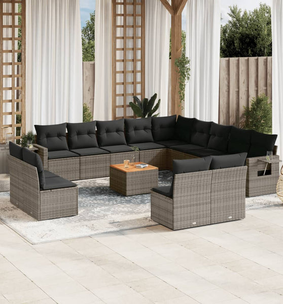 14-tlg. Garten-Sofagarnitur mit Kissen Grau Poly Rattan