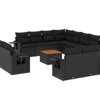 12-tlg. Garten-Sofagarnitur mit Kissen Schwarz Poly Rattan