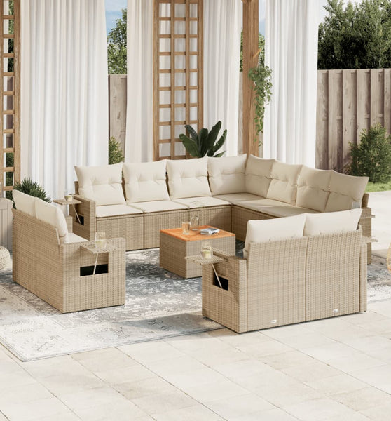 12-tlg. Garten-Sofagarnitur mit Kissen Beige Poly Rattan