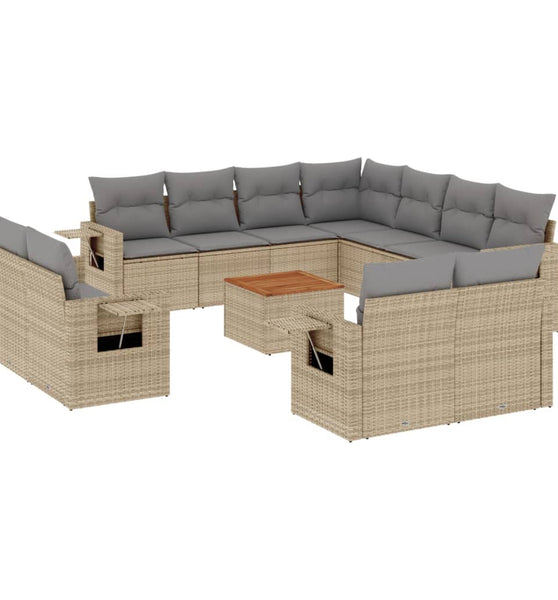 12-tlg. Garten-Sofagarnitur mit Kissen Beige Poly Rattan