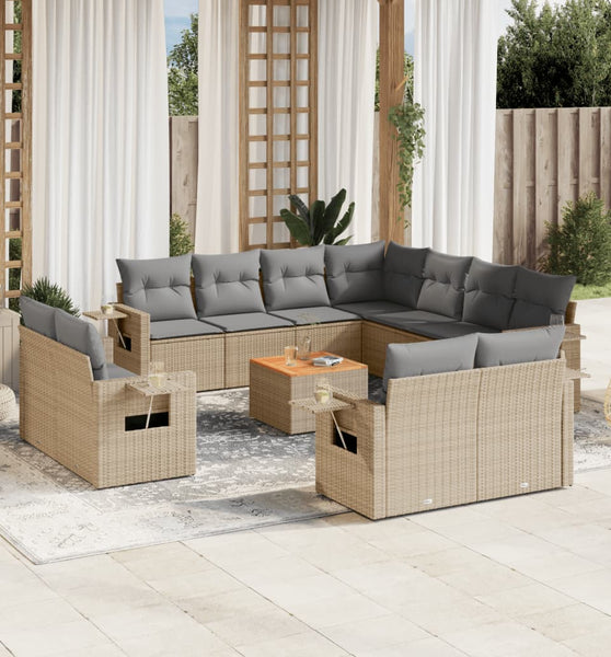 12-tlg. Garten-Sofagarnitur mit Kissen Beige Poly Rattan