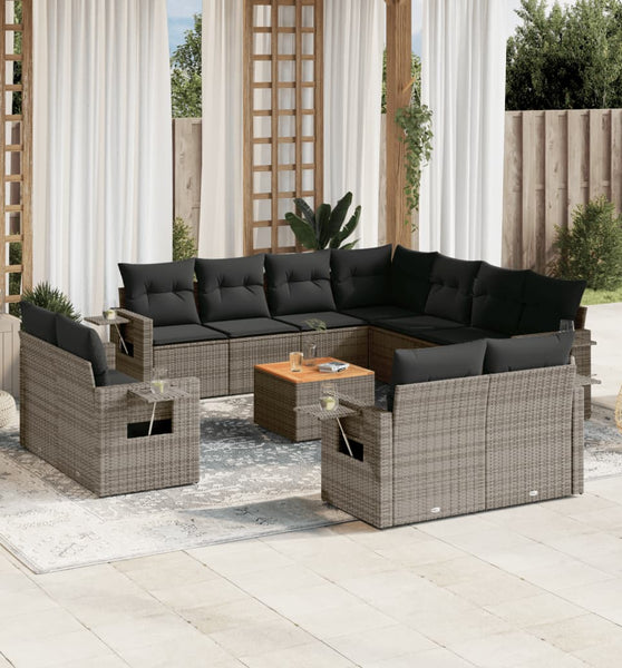 12-tlg. Garten-Sofagarnitur mit Kissen Grau Poly Rattan