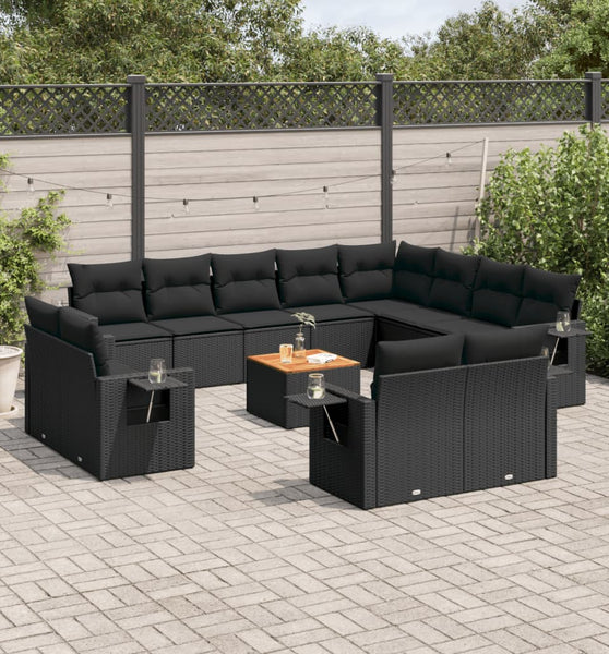 13-tlg. Garten-Sofagarnitur mit Kissen Schwarz Poly Rattan