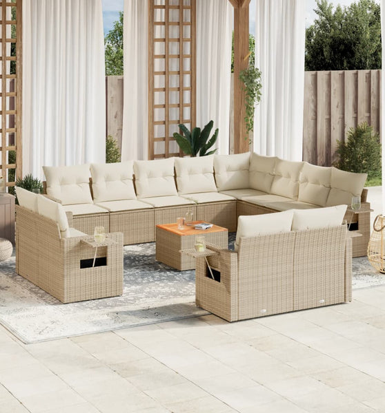 13-tlg. Garten-Sofagarnitur mit Kissen Beige Poly Rattan