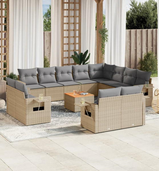 13-tlg. Garten-Sofagarnitur mit Kissen Beige Poly Rattan