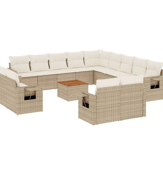 14-tlg. Garten-Sofagarnitur mit Kissen Beige Poly Rattan