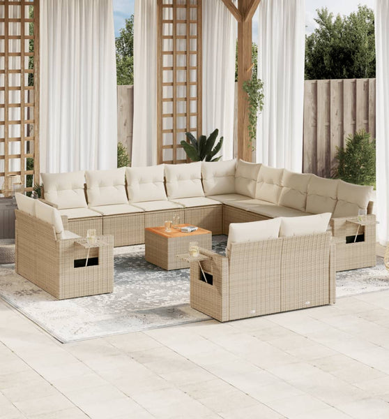 14-tlg. Garten-Sofagarnitur mit Kissen Beige Poly Rattan