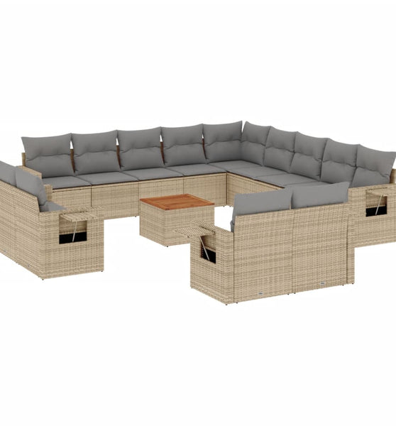 14-tlg. Garten-Sofagarnitur mit Kissen Beige Poly Rattan