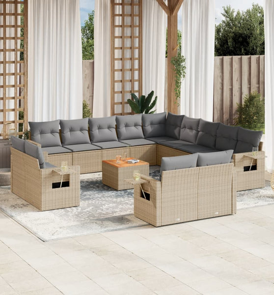 14-tlg. Garten-Sofagarnitur mit Kissen Beige Poly Rattan