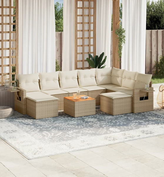 10-tlg. Garten-Sofagarnitur mit Kissen Beige Poly Rattan