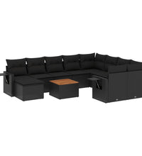 11-tlg. Garten-Sofagarnitur mit Kissen Schwarz Poly Rattan