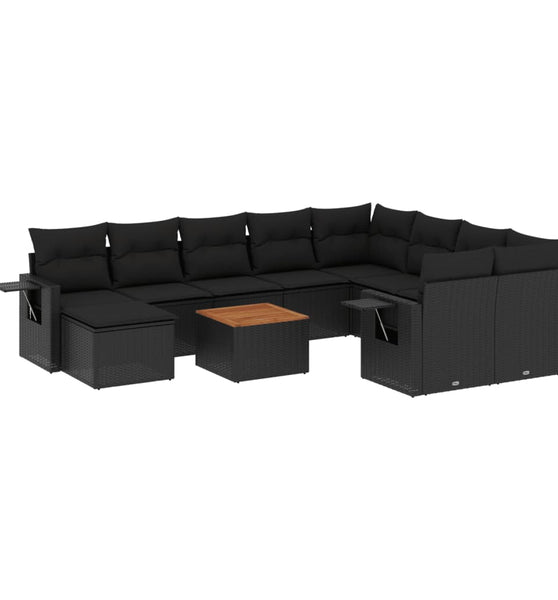 11-tlg. Garten-Sofagarnitur mit Kissen Schwarz Poly Rattan