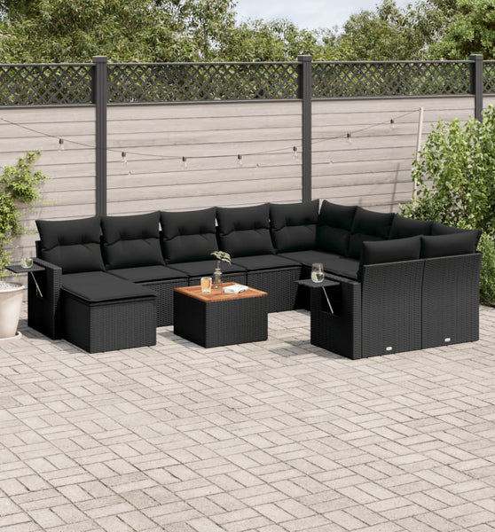 11-tlg. Garten-Sofagarnitur mit Kissen Schwarz Poly Rattan