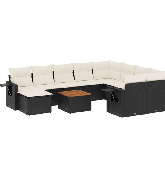 11-tlg. Garten-Sofagarnitur mit Kissen Schwarz Poly Rattan