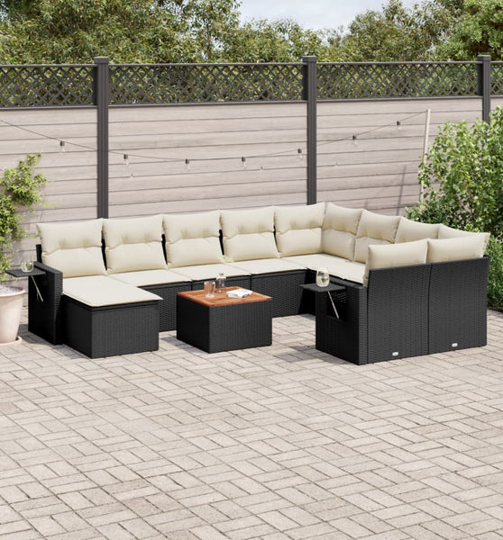 11-tlg. Garten-Sofagarnitur mit Kissen Schwarz Poly Rattan